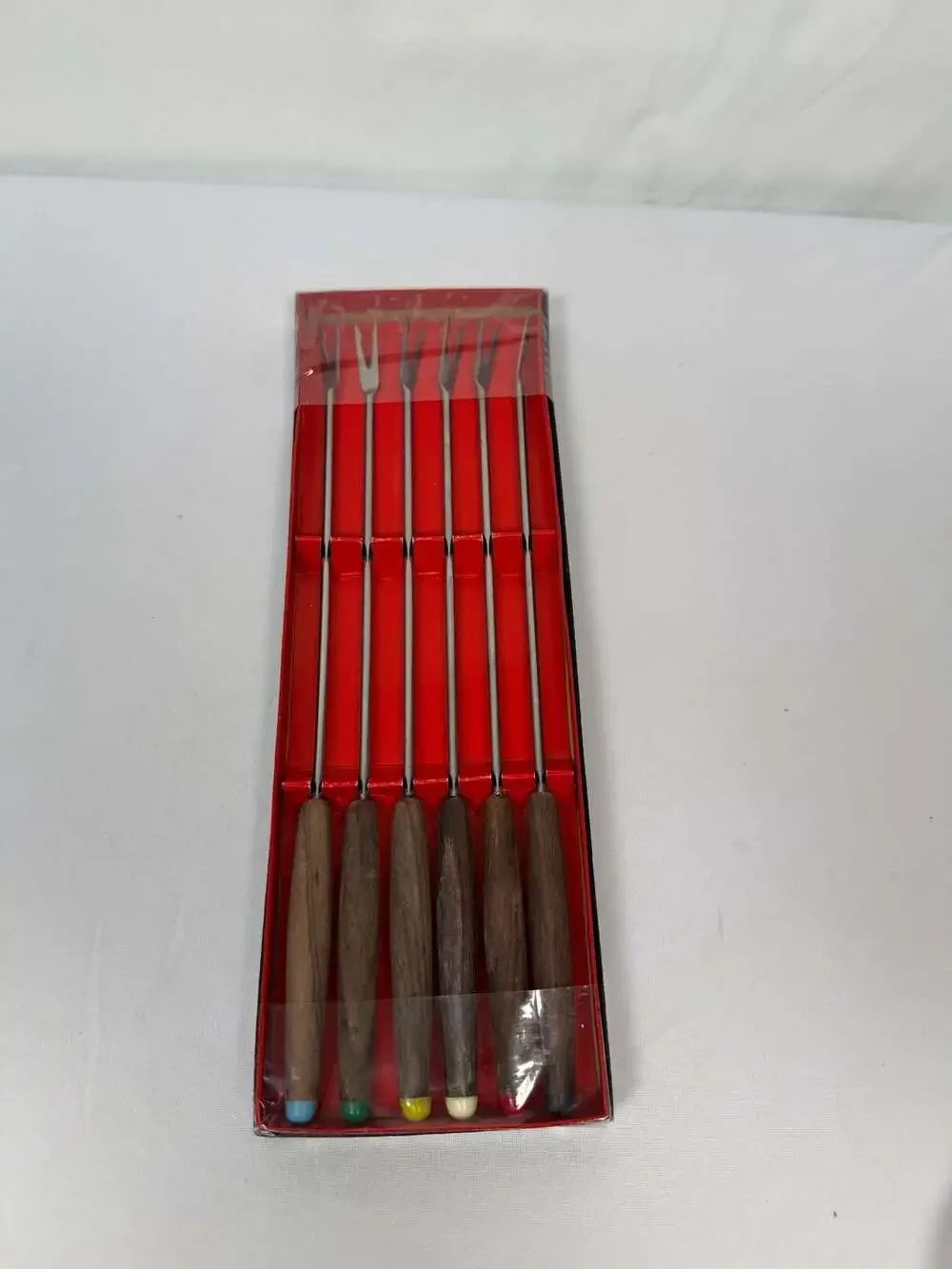 Vintage Mid-Century Modern 6-Piece Fondue Fork Set with Wooden Handles